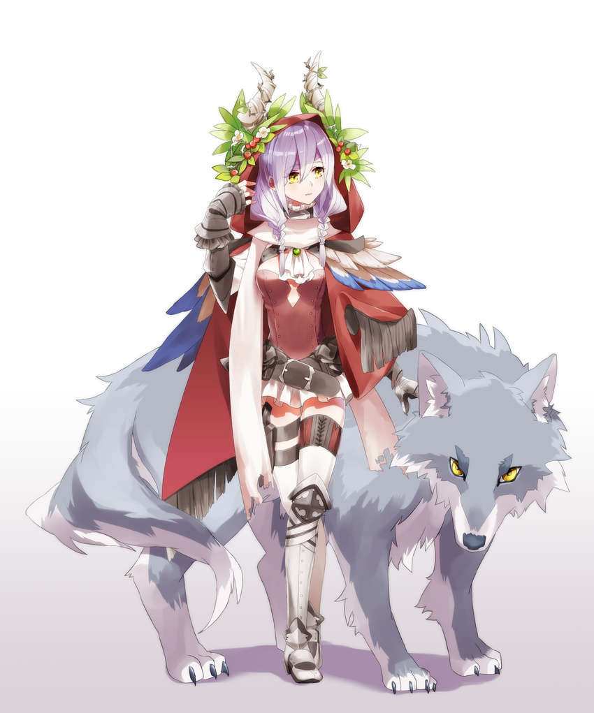 20day_cc belt braid flower grey_footwear grey_hair hair_flower hair_ornament hand_up highres hood horns looking_at_viewer looking_to_the_side original red_hood scarf standing thigh_strap thighhighs white_scarf wolf yellow_eyes