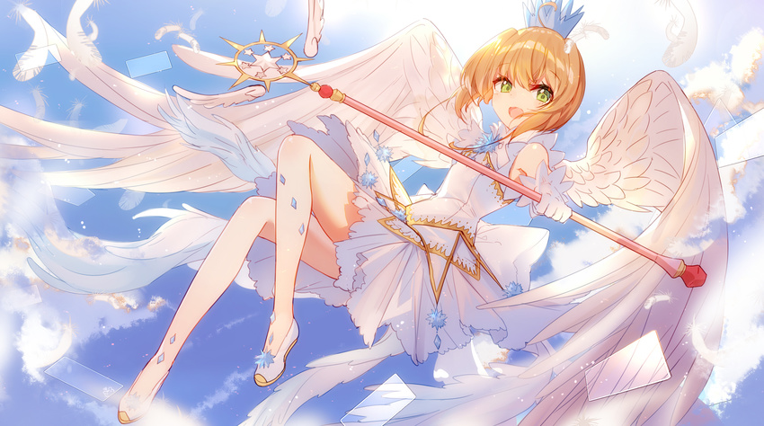 :d absurdres ahoge angel_wings bangs bison_cangshu blue_sky blurry cardcaptor_sakura clear_card cloud commentary crown day depth_of_field dress eyebrows_visible_through_hair feathered_wings feathers flying gloves green_eyes highres holding holding_wand kinomoto_sakura light_brown_hair looking_at_viewer magical_girl no_socks open_mouth outdoors outstretched_arm shoes sky sleeveless sleeveless_dress smile solo star sunlight wand white_dress white_footwear white_gloves white_wings wings yume_no_tsue