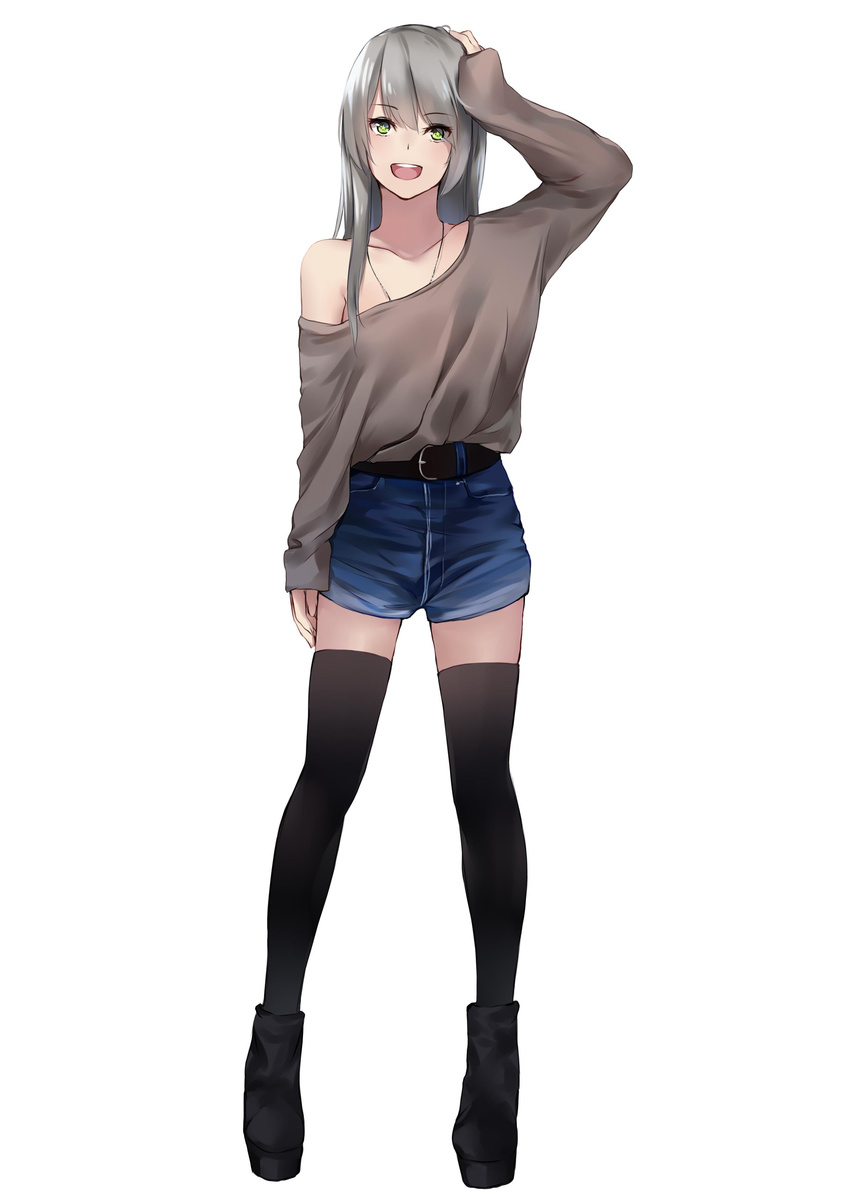 absurdres alternate_costume arm_at_side bangs bare_shoulders belt black_belt black_footwear black_legwear blush boots breasts brown_shirt buckle collarbone denim denim_shorts eyebrows_visible_through_hair eyes_visible_through_hair full_body girls_frontline green_eyes grey_hair hair_between_eyes hand_on_own_head highres ina_(inadiary) jewelry long_hair long_sleeves looking_at_viewer loose_clothes loose_shirt medium_breasts necklace off_shoulder open_mouth shirt short_shorts shorts sidelocks simple_background smile solo standing star star-shaped_pupils symbol-shaped_pupils teeth thighhighs thighs ump40_(girls_frontline) white_background yellow_eyes