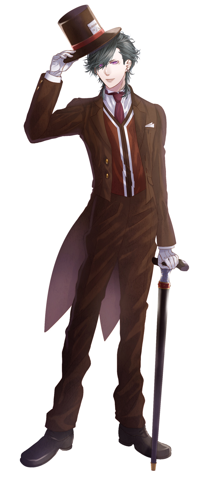 absurdres bad_id bad_pixiv_id black_footwear black_hair brown_hat brown_pants brown_vest cane earrings full_body gloves hat highres jewelry kei00924 looking_at_viewer male_focus mole mole_under_eye necktie original pants pocket purple_eyes solo standing tachi-e transparent_background vest white_gloves