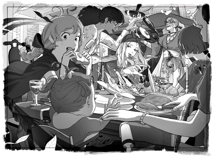 ahoge alcohol blush bottle bow bracelet braid candle chair cherry cup diamond_earrings drinking_glass earrings eating egg food fruit glasses greyscale hair_bow hat holding holding_knife jewelry knife long_hair looking_at_another looking_at_viewer looking_away monochrome multiple_girls old_woman open original parted_lips pine_(yellowpine112) plate short_hair sitting smile sweatdrop table teeth wine wine_bottle witch_hat