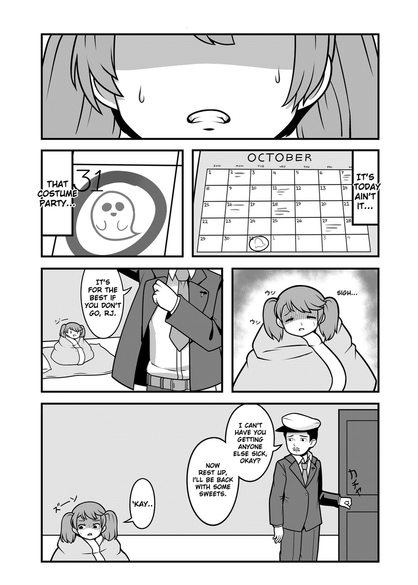 1girl admiral_(kantai_collection) calendar_(object) comic door english greyscale halloween hat highres indoors jacy kantai_collection long_sleeves looking_at_another looking_away monochrome necktie october open_mouth parted_lips ryuujou_(kantai_collection) shaded_face short_twintails sick speech_bubble sweat teeth twintails