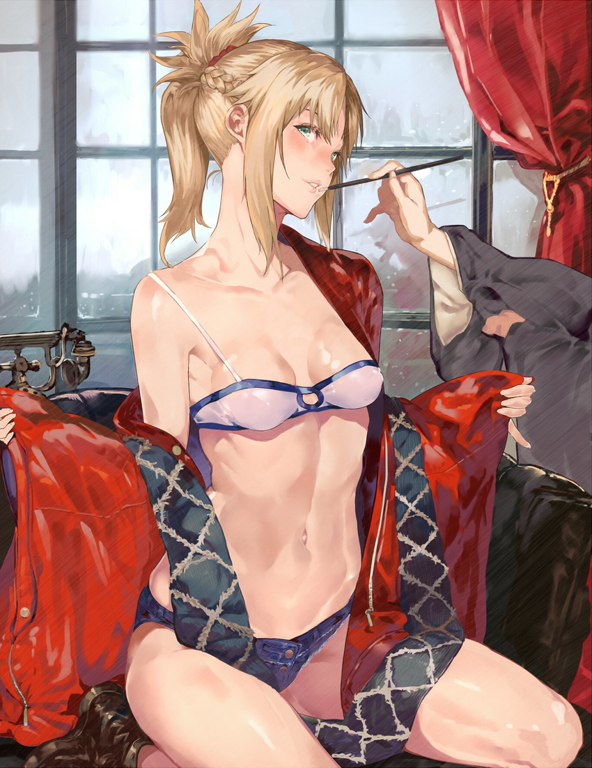applying_makeup bare_shoulders blonde_hair bra braid brush collarbone cutoffs denim denim_shorts fate/apocrypha fate_(series) green_eyes groin highres lips looking_at_viewer mordred_(fate) mordred_(fate)_(all) navel out_of_frame ponytail red_scrunchie robe scrunchie short_shorts shorts solo_focus tokopi underwear window