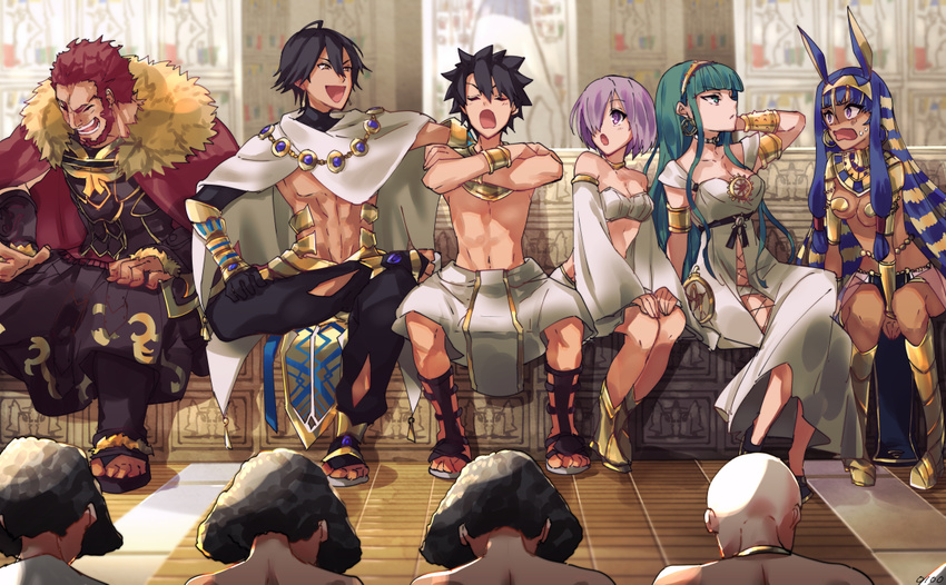 3girls ahoge animal_ears bare_chest beard black_hair brown_hair cape cleopatra_(fate/grand_order) commentary_request dark_skin dark_skinned_male earrings egyptian egyptian_clothes facepaint facial_hair facial_mark fate/grand_order fate/prototype fate/prototype:_fragments_of_blue_and_silver fate/zero fate_(series) fujimaru_ritsuka_(male) glasses hair_over_one_eye hairband hoop_earrings jackal_ears jewelry leather long_hair looking_at_viewer mash_kyrielight multiple_boys multiple_girls nitocris_(fate/grand_order) open_mouth ozymandias_(fate) purple_hair red_hair rider_(fate/zero) short_hair sitting smile very_long_hair yellow_eyes zeromomo