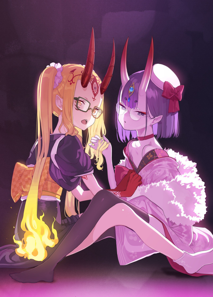 absurdres black_legwear blonde_hair bow chestnut_mouth choker doremi facial_mark fate/grand_order fate_(series) fiery_hair forehead_mark glasses hair_bow hat highres holding_another's_hair horns ibaraki_douji_(fate/grand_order) japanese_clothes kimono long_hair looking_at_viewer mini_hat multiple_girls navel no_shoes obi oni oni_horns pointy_ears purple_eyes purple_hair red_choker round_eyewear sash sharp_teeth short_hair shuten_douji_(fate/grand_order) sitting socks teeth thighhighs twintails very_long_hair white_legwear yellow_eyes