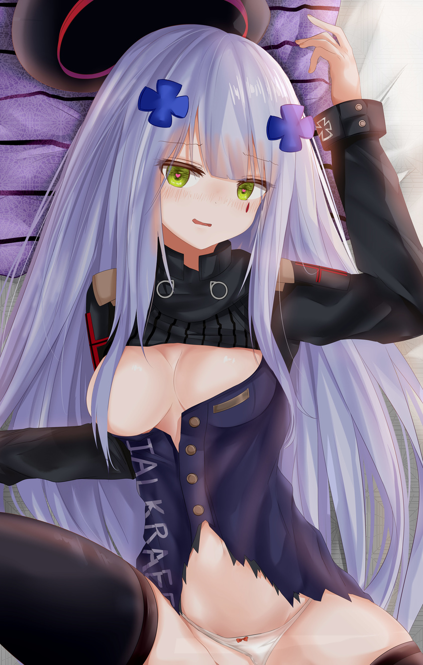 absurdres arm_at_side arm_up bangs bed bed_sheet beret black_legwear blunt_bangs blush bow bow_panties breasts buttons cleavage clothes_removed clothes_writing collared_jacket commentary cross damaged eyebrows_visible_through_hair eyes_visible_through_hair facepaint girls_frontline gloves green_eyes hair_ornament hair_over_breasts hat hat_removed head_tilt headwear_removed heart heart-shaped_pupils highres hk416_(girls_frontline) iron_cross jacket leg_up long_hair looking_at_viewer lying medium_breasts navel on_back one_breast_out open_mouth panties panties_aside ru_zhai shiny shiny_skin sidelocks silver_hair sleeve_cuffs smile solo stomach symbol-shaped_pupils teardrop thighhighs thighs torn_clothes torn_jacket underwear undressing