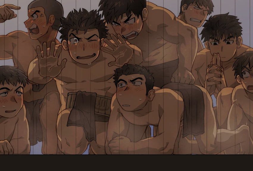 against_fourth_wall all_fours anger_vein black_hair blush bucket kanchou kneeling male_focus multiple_boys naked_towel open_mouth original peeping shaved_head st05254 textless towel