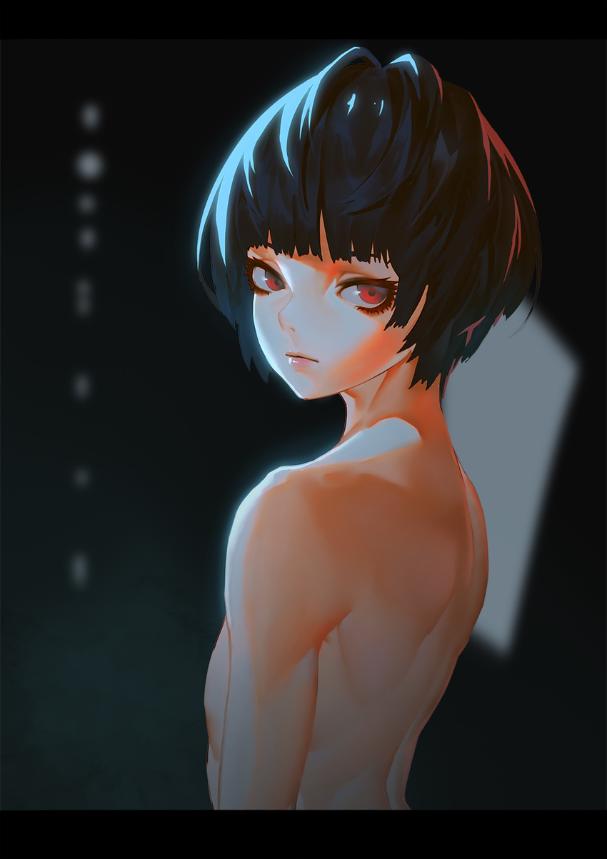 1girl back bare_back blue_hair expressionless eyebrows eyebrows_visible_through_hair highres looking_at_viewer looking_back no_clothes nude persona persona_5 ray_(nagaseray) red_eyes short_hair solo takemi_tae upper_body