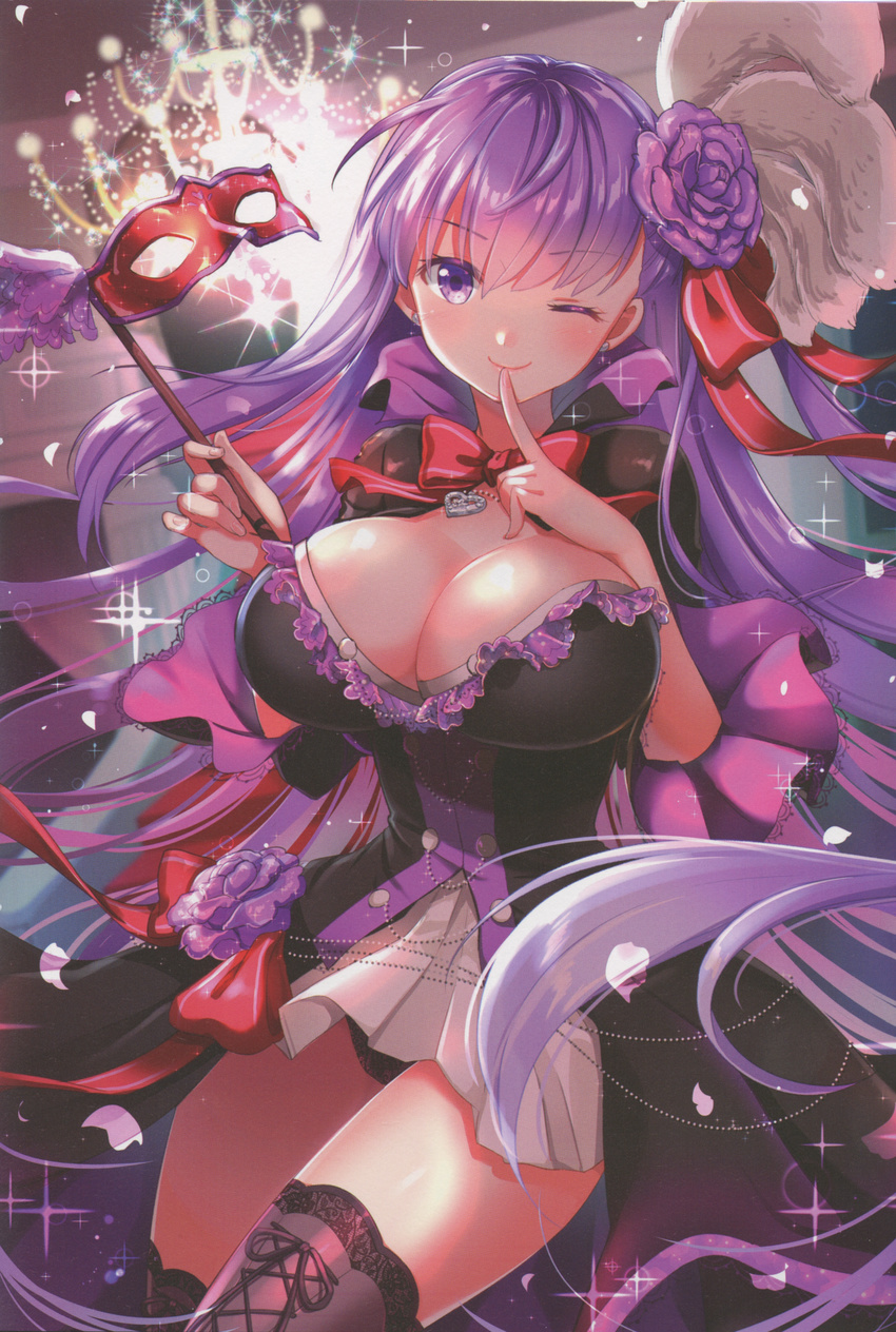 absurdres bangs bb_(fate)_(all) bb_(fate/extra_ccc) black_dress black_legwear black_panties bow bowtie breasts chandelier cleavage dress eyebrows_visible_through_hair fate/extra fate/extra_ccc fate/grand_order fate_(series) feathers finger_to_mouth fingernails flower hair_bow hair_feathers hair_flower hair_ornament head_tilt heart heart_necklace highres holding huge_filesize jewelry lace lace-trimmed_thighhighs lace-up_thighhighs large_breasts lips long_hair long_sleeves looking_at_viewer mask mask_removed masquerade_mask nail_polish one_eye_closed panties pantyshot pantyshot_(standing) petals pleated_skirt purple_eyes purple_hair red_bow red_neckwear scan shibi skirt smile solo sparkle standing thighhighs underwear very_long_hair wide_sleeves