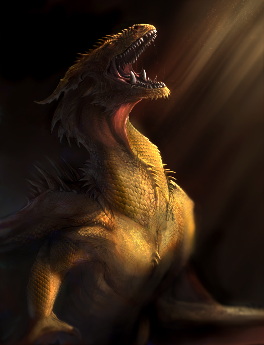 2017 amber_eyes ambiguous_gender detailed_scales digital_media_(artwork) dragon feral light_rays open_mouth pherigo scales simple_background solo teeth tongue yellow_scales