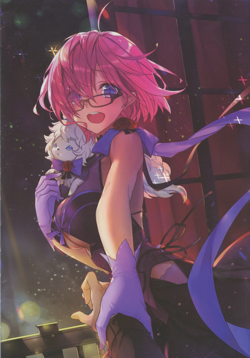 absurdres achan_(blue_semi) bangs breasts dress eyebrows_visible_through_hair fate/grand_order fate_(series) fou_(fate/grand_order) glasses hair_over_one_eye highres indoors looking_at_viewer mash_kyrielight medium_breasts night open_mouth pink_hair purple_dress purple_eyes scan short_hair sleeveless smile sparkle underboob