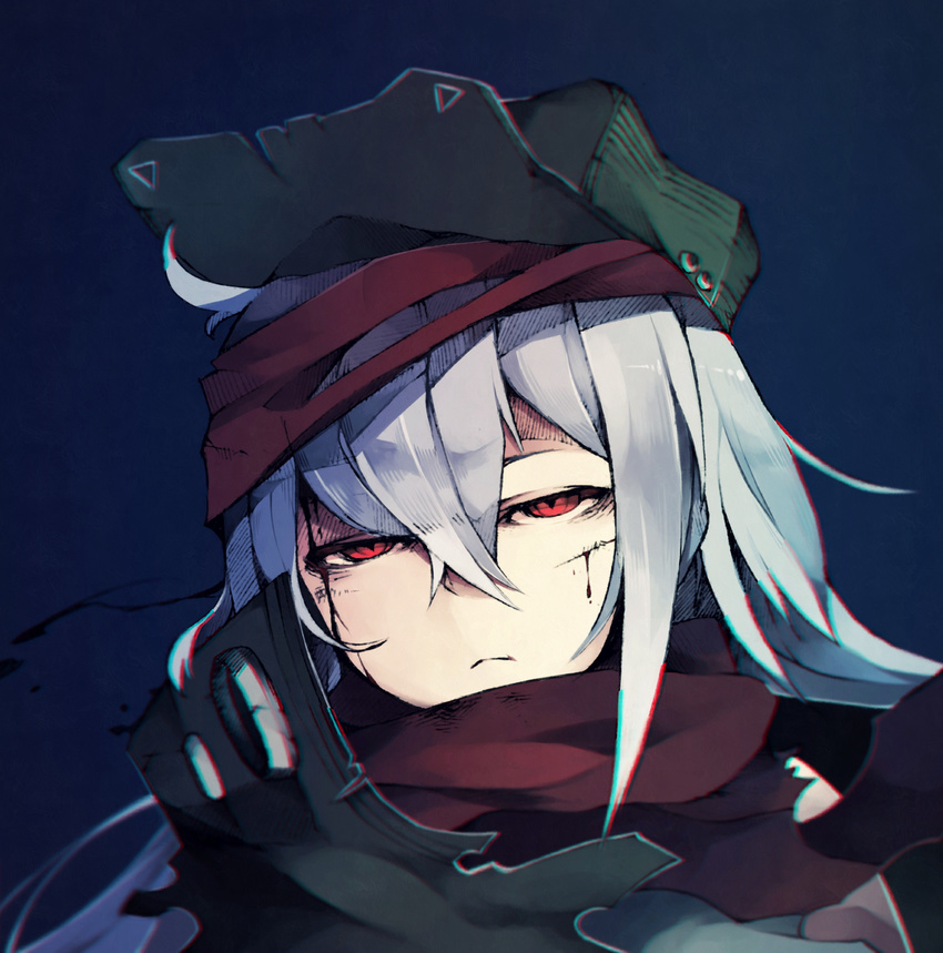 absurdres ahoge bangs bare_shoulders blood blood_on_face blue_background chromatic_aberration collared_jacket commentary_request crossed_bangs deep_wound expressionless eyebrows_visible_through_hair floating_hair g11_(girls_frontline) girls_frontline green_jacket hair_between_eyes half-closed_eyes hat highres injury jacket long_hair looking_at_viewer messy_hair open_clothes open_jacket red_eyes red_scarf scarf scarf_on_head serious sidelocks silver_hair simple_background solo torn_clothes torn_jacket torn_scarf yamaarashi_(kakamiaku)