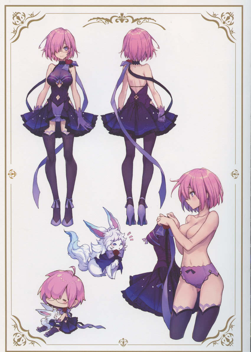 absurdres achan_(blue_semi) backless_outfit bangs bare_shoulders breasts chibi collarbone convenient_arm covered_collarbone dress dress_removed eyebrows_visible_through_hair fate/grand_order fate_(series) fou_(fate/grand_order) full_body glasses gloves high_heels highres mash_kyrielight medium_breasts multiple_views navel navel_cutout no_bra panties pink_hair purple_dress purple_eyes purple_gloves purple_legwear purple_panties scan short_hair simple_background standing thighhighs turnaround underboob_cutout underwear underwear_only zettai_ryouiki