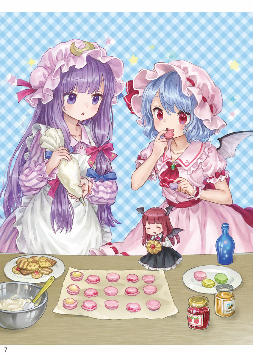 absurdres ama-tou apron ascot bat_wings blue_background blue_hair bottle bowl checkered checkered_background cookie crescent crescent_moon_pin dress eating food hair_ribbon hand_up hat hat_ribbon head_wings highres holding honey jam koakuma long_hair macaron maid_apron minigirl mob_cap multiple_girls pastry_bag patchouli_knowledge pink_hat plate puffy_short_sleeves puffy_sleeves purple_eyes purple_hair red_eyes red_hair red_neckwear red_ribbon remilia_scarlet ribbon short_sleeves smile spatula star striped striped_dress touhou wings wrist_cuffs