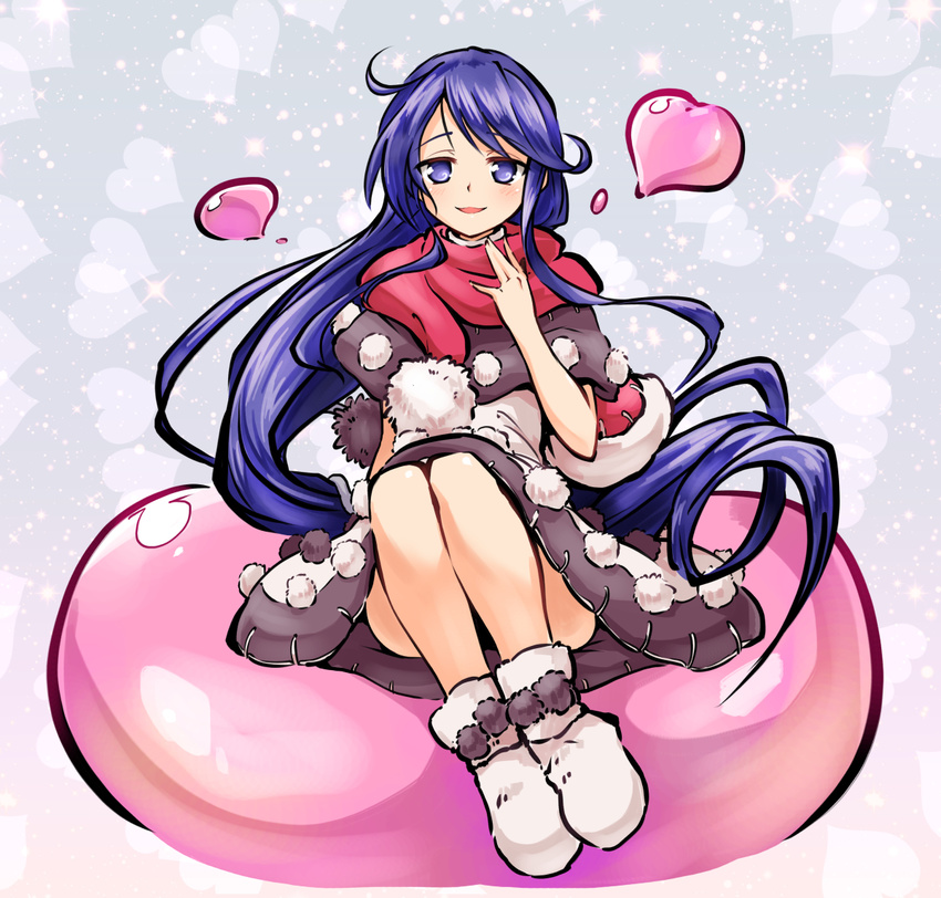 :d ahoge black_capelet blob blue_eyes blue_hair capelet doremy_sweet dress hat hat_around_neck hat_removed headwear_removed heart heart_background huyusilver long_hair looking_at_viewer nightcap open_mouth pom_pom_(clothes) red_hat silver_background sitting smile solo tareme touhou very_long_hair white_dress white_footwear