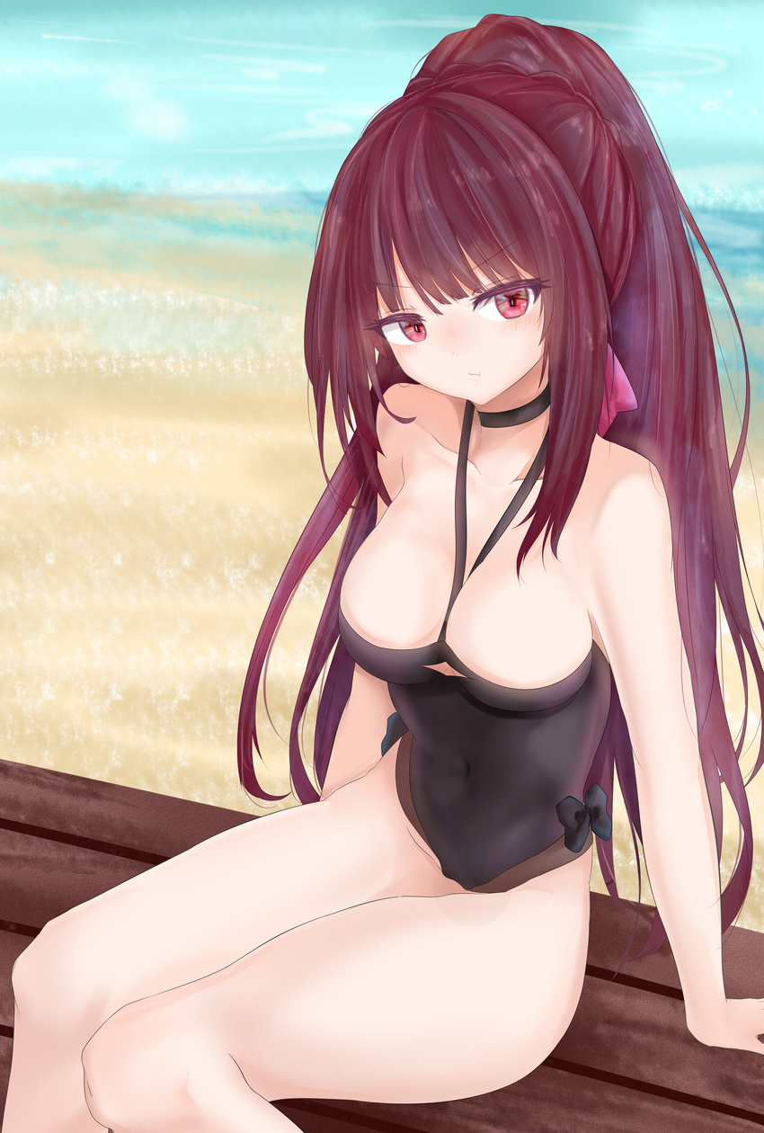 absurdres alternate_costume alternate_hairstyle arm_support arms_at_sides bangs bare_arms bare_legs beach bench black_swimsuit blunt_bangs blush bow bow_swimsuit braid breasts cleavage collarbone commentary eyebrows_visible_through_hair girls_frontline hair_bow hair_ribbon head_tilt highres knees_together_feet_apart large_breasts long_hair looking_at_viewer multicolored_hair ocean one-piece_swimsuit outdoors ponytail pout purple_bow purple_hair purple_ribbon red_eyes ribbon ru_zhai sand see-through_silhouette sidelocks sitting sitting_on_object solo swimsuit thighs very_long_hair wa2000_(girls_frontline) water