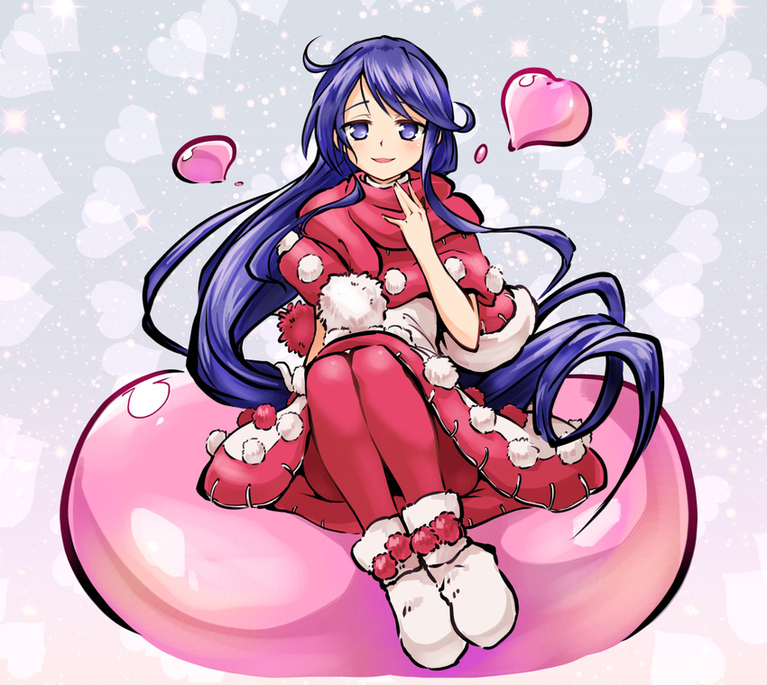 :d ahoge alternate_color blob blue_eyes blue_hair capelet doremy_sweet dress hat hat_around_neck hat_removed headwear_removed heart heart_background huyusilver long_hair looking_at_viewer nightcap open_mouth pantyhose pom_pom_(clothes) red_hat red_legwear silver_background sitting smile solo tareme touhou very_long_hair white_dress white_footwear