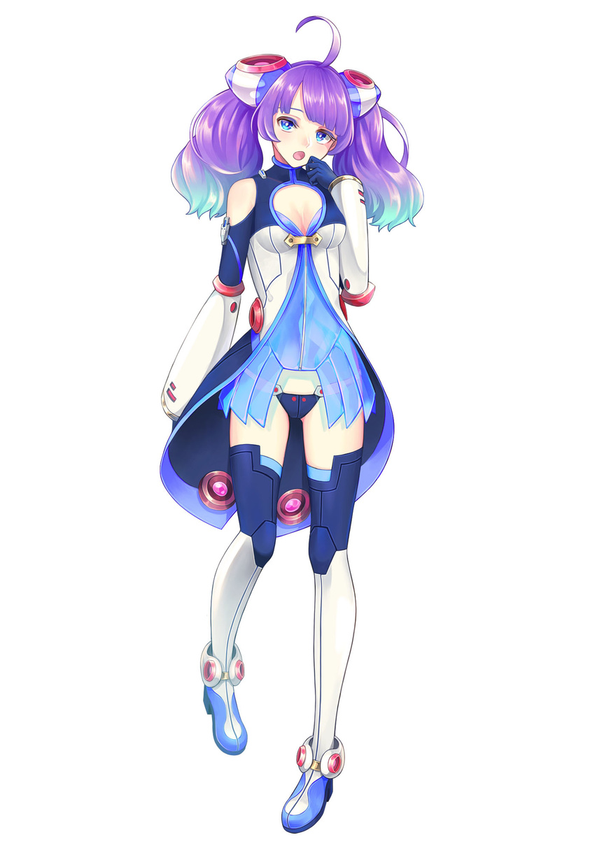 :o arm_at_side black_legwear blue_eyes blue_footwear blue_hair breasts cleavage full_body gradient_hair hair_ornament hand_up highres looking_at_viewer medium_hair multicolored_hair original para_sitism purple_hair small_breasts solo twintails