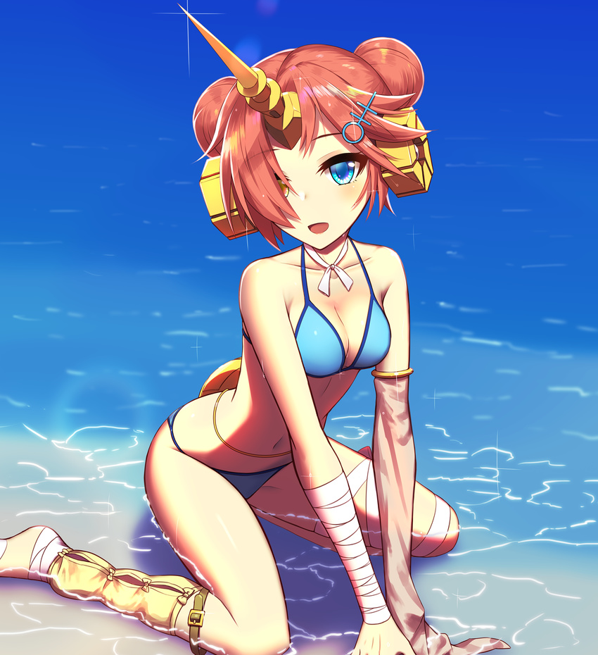 ankle_wrap bandaged_arm bandaged_leg bandages barefoot bikini blue_bikini blue_eyes blush breasts cleavage detached_sleeves double_bun eyebrows_visible_through_hair fate/grand_order fate_(series) frankenstein's_monster_(fate) frankenstein's_monster_(swimsuit_saber)_(fate) hair_over_one_eye heterochromia highres horn kuroshiro_(ms-2420) medium_breasts navel ocean partially_submerged pink_hair shore short_hair single_detached_sleeve smile solo swimsuit v_arms water yellow_eyes
