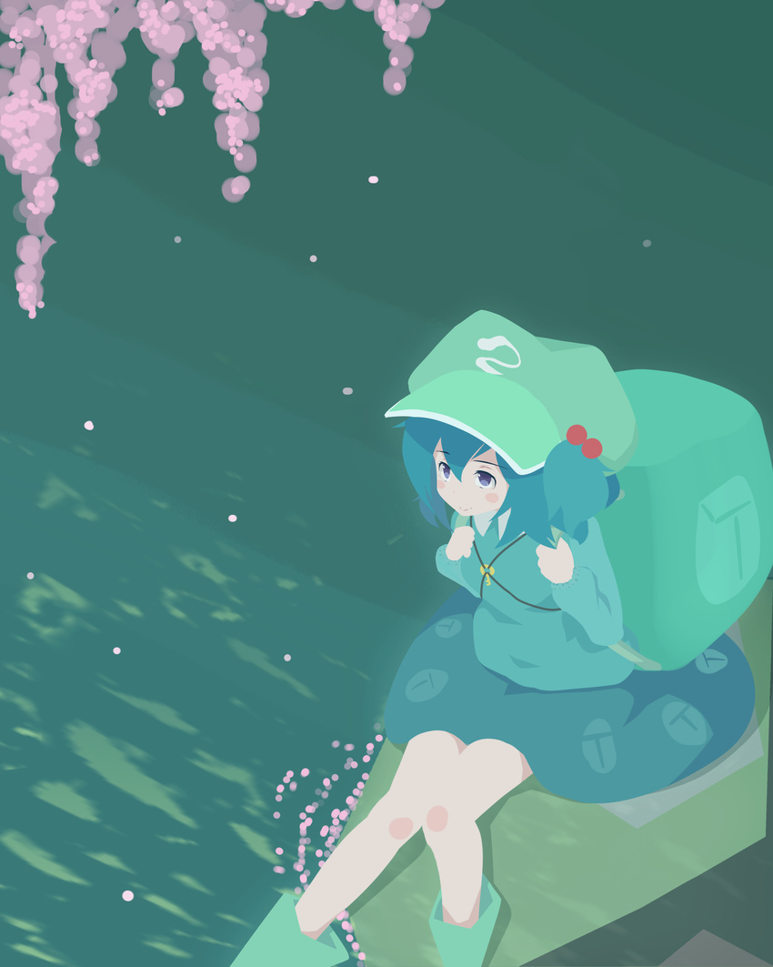 absurdres backpack bag bangs blue_eyes blue_hair blue_skirt boots flower green_backpack green_footwear green_hat green_shirt hair_between_eyes hair_bobbles hair_ornament hat highres kawashiro_nitori key knees_together_feet_apart long_sleeves looking_up no_lineart petals reflection ripples rubber_boots shirt short_hair sitting sitting_on_rock skirt smile solo tochinoko touhou two_side_up water wisteria