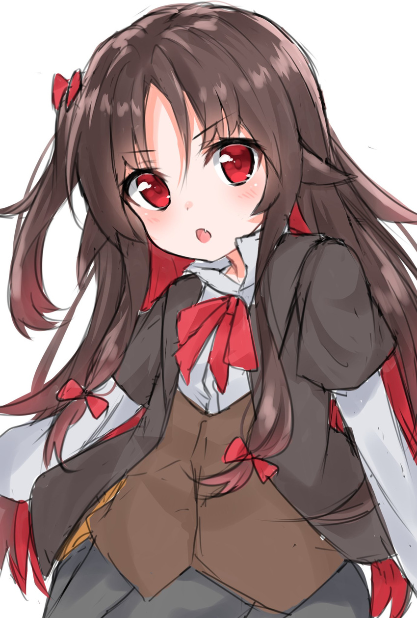 :o bangs black_jacket black_skirt blush bow brown_hair brown_vest eyebrows_visible_through_hair fang gradient_hair hair_between_eyes hair_bow hashiko_nowoto head_tilt highres jacket long_hair long_sleeves looking_at_viewer multicolored_hair one_side_up parted_lips red_bow red_eyes red_hair ryuuou_no_oshigoto! shirt short_over_long_sleeves short_sleeves sidelocks simple_background sketch skirt solo v-shaped_eyebrows very_long_hair vest white_background white_shirt yashajin_ai