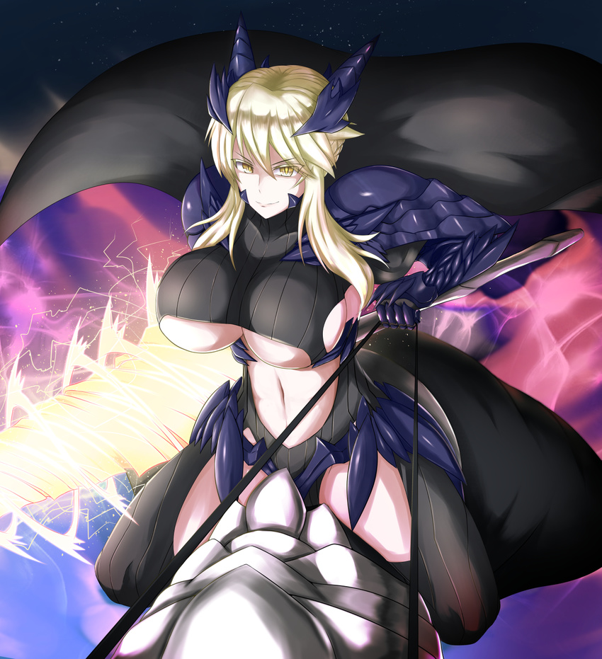 artoria_pendragon_(all) artoria_pendragon_(lancer_alter) bangs black_gloves black_legwear blonde_hair braid breasts cape closed_mouth commentary dark_persona fate/grand_order fate_(series) french_braid gauntlets gloves gradient gradient_background headgear highleg highleg_leotard highres holding holding_weapon horns huge_breasts lance leotard looking_at_viewer mature midriff navel outdoors parted_lips pauldrons polearm riding sky solo star stomach tareme teeth thighhighs tied_hair underboob weapon yasumuu yellow_eyes