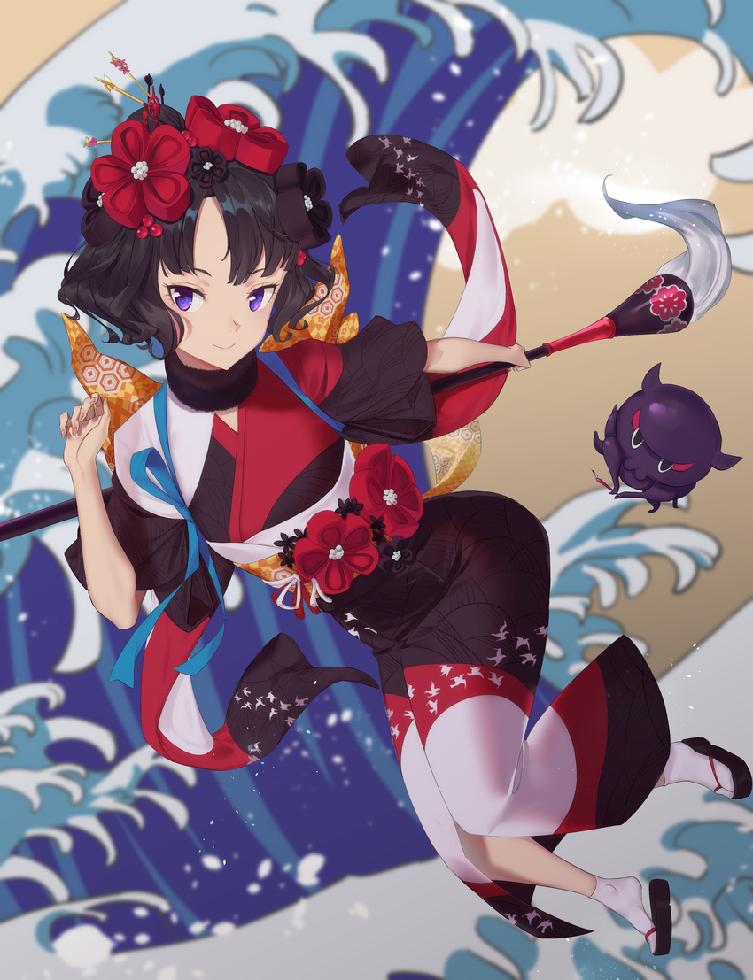 absurdres black_hair black_kimono calligraphy_brush fate/grand_order fate_(series) fine_art_parody hair_ornament highres hiko_(630090143) japanese_clothes kanagawa_okinami_ura katsushika_hokusai_(fate/grand_order) kimono nihonga october octopus paintbrush parody purple_eyes sandals sash smile socks tokitarou_(fate/grand_order) ukiyo-e waves waving white_legwear