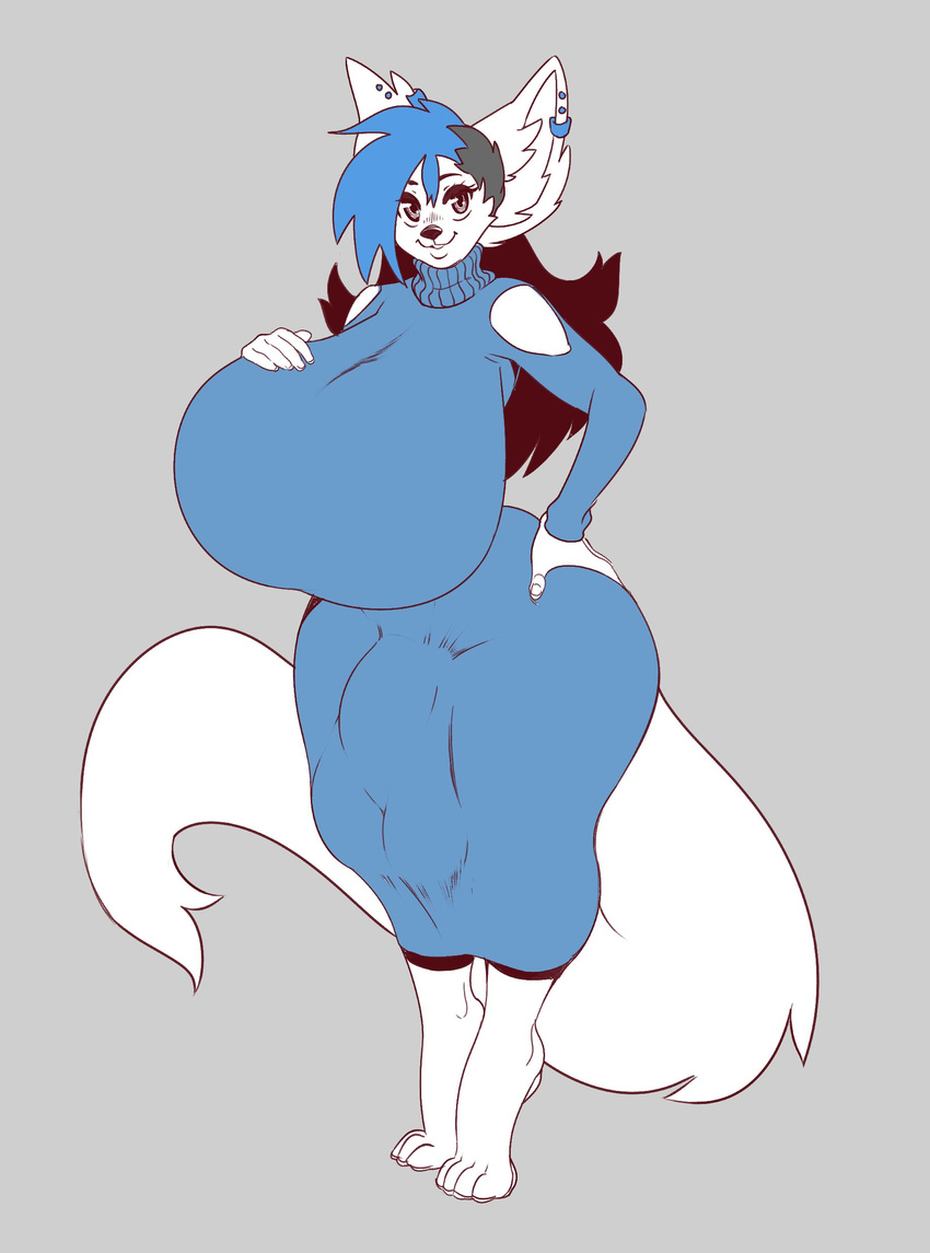 anthro big_breasts big_bulge boosterpang breasts bulge canine clothed clothing dickgirl fennec fox huge_breasts hyper hyper_breasts intersex looking_at_viewer mammal smile solo standing voluptuous wide_hips