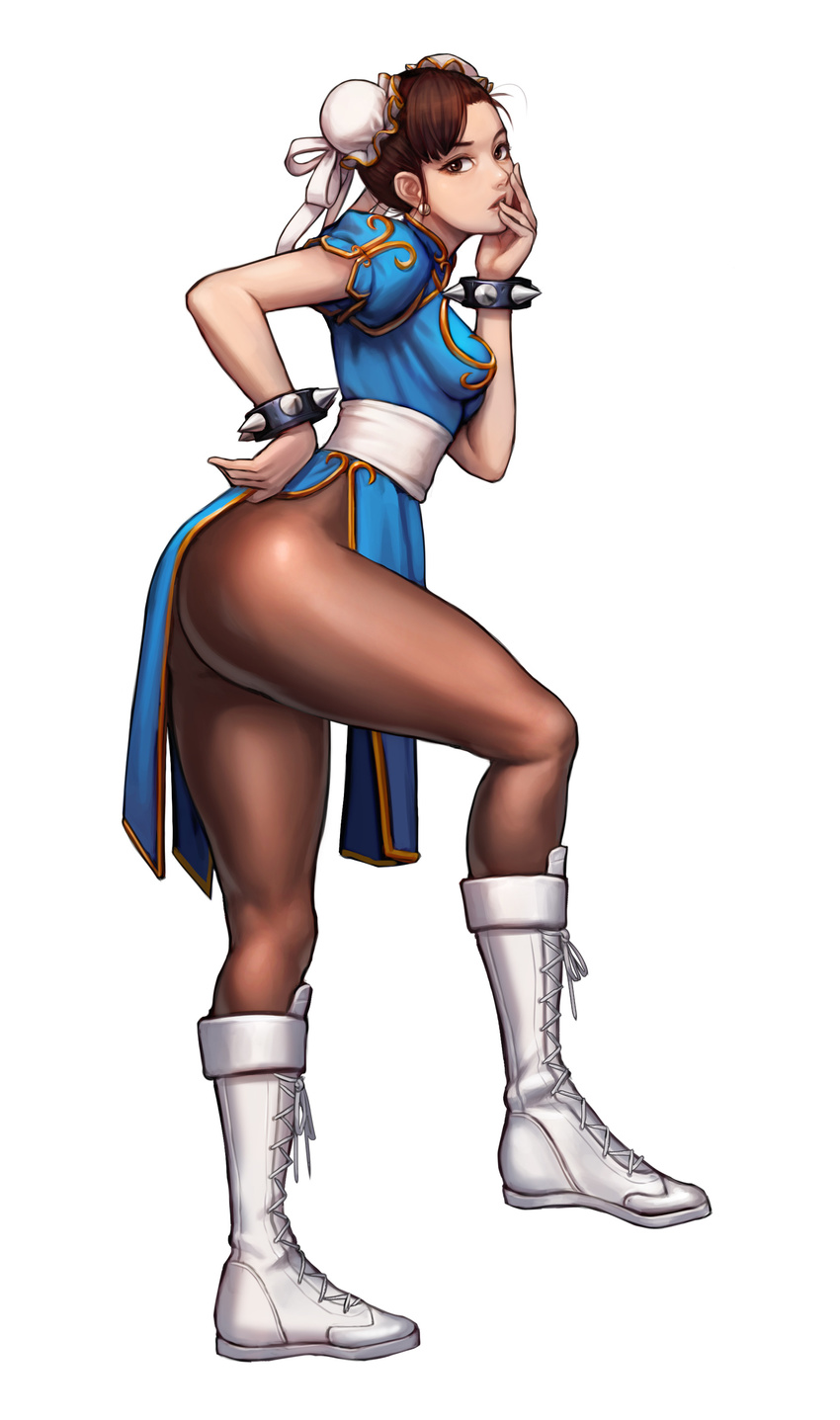 absurdres ass blue_dress boots bracelet breasts brown_hair brown_legwear bun_cover china_dress chinese_clothes chun-li contrapposto double_bun dress earrings full_body hand_on_hip hand_on_own_cheek highres jewelry jungon_kim leaning_forward leg_up medium_breasts pantyhose pelvic_curtain puffy_short_sleeves puffy_sleeves sash short_sleeves simple_background solo spiked_bracelet spikes standing street_fighter white_background white_footwear