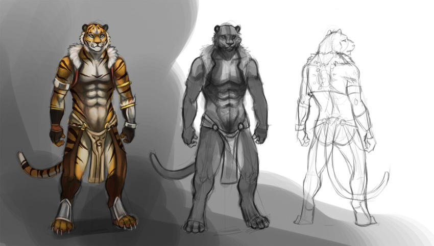 2013 abs anthro armor black_fur chaps clothed clothing digitigrade feline fur gloves greaves loincloth male mammal model_sheet simple_background sketch skimpy solo standing stripes tiger trunorth vambraces white_background white_fur yellow_fur