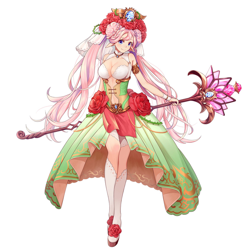 armlet blue_eyes bracelet braid braided_bun breasts center_opening cleavage double_bun dress flower full_body green_dress hair_flower hair_ornament highres holding holding_staff jewelry large_breasts long_hair looking_at_viewer navel original para_sitism pink_hair pointy_ears rose solo staff standing tachi-e thorns twin_braids twintails very_long_hair white_legwear