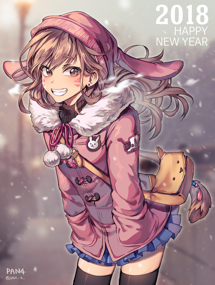 2018 alternate_costume animal_hat badge bag bangs beanie blue_skirt blurry blurry_background blush braid breath bunny_hat button_badge casual character_name clothes_writing cowboy_shot d.va_(overwatch) duffel_coat earrings elbow_gloves eyebrows_visible_through_hair facial_mark fur gloves grin hands_in_pockets happy_new_year hat highres jewelry leaning_forward long_hair long_sleeves looking_at_viewer miniskirt new_year outdoors overwatch panza pink_coat pink_hat pleated_skirt pom_pom_(clothes) shoulder_bag skirt smile snowing solo standing stud_earrings tassel themed_object twin_braids whisker_markings winter