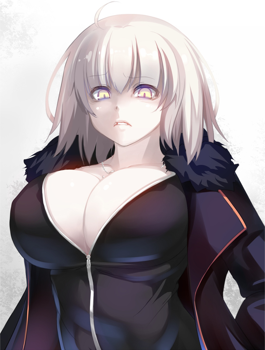 ahoge bangs black_coat black_jacket breasts coat eyebrows_visible_through_hair fate/grand_order fate_(series) fur_trim highres jacket jeanne_d'arc_(alter)_(fate) jeanne_d'arc_(fate)_(all) jewelry large_breasts long_sleeves looking_at_viewer necklace shiki_(psychedelic_g2) silver_hair solo unzipped upper_body wicked_dragon_witch_ver._shinjuku_1999 yellow_eyes