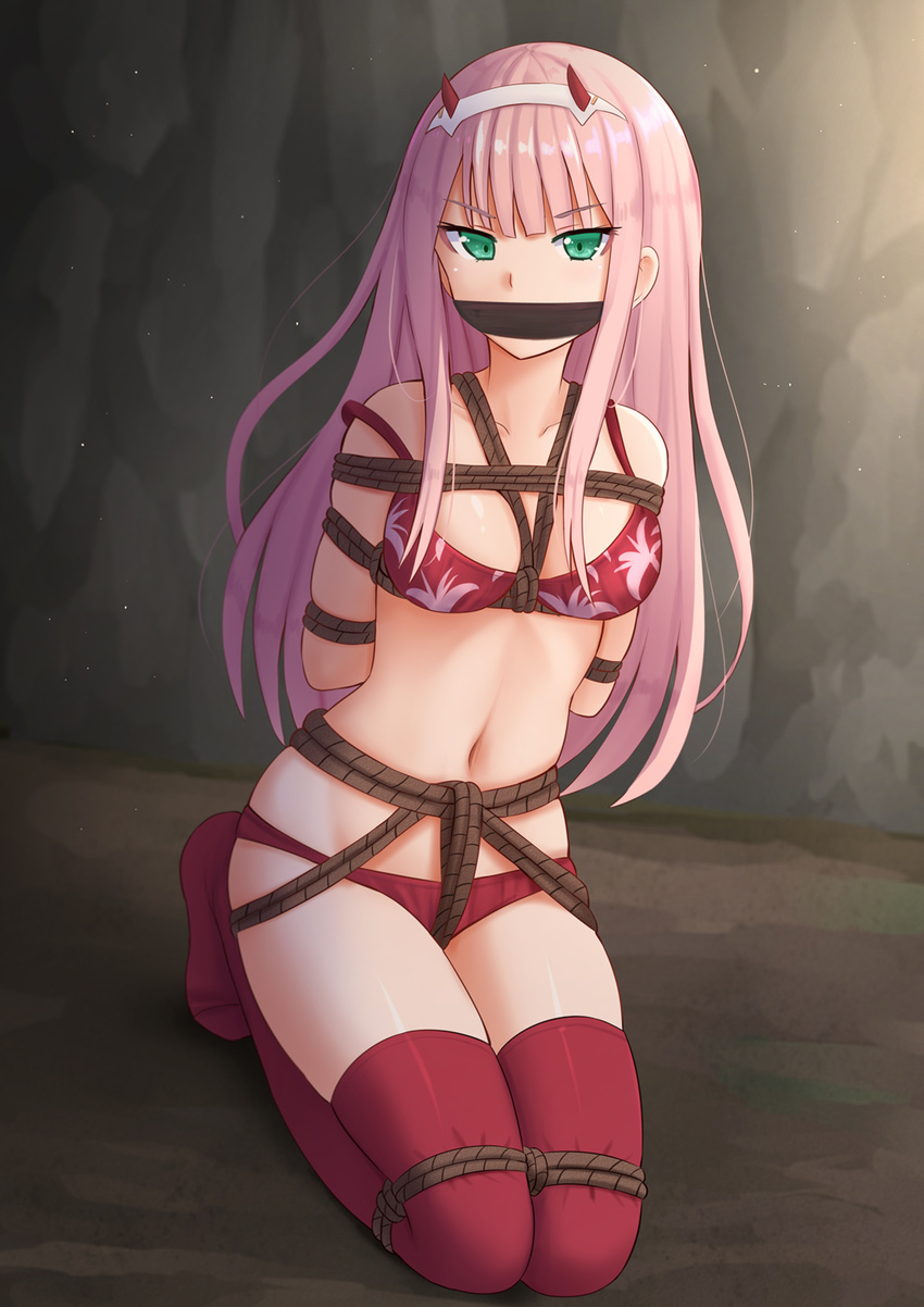 arms_behind_back bangs bare_shoulders bdsm bikini blunt_bangs bondage bound bound_arms bound_legs breasts cleavage collarbone covered_mouth darling_in_the_franxx eyebrows_visible_through_hair fake_horns full_body gag gagged green_eyes hairband highres improvised_gag kazenokaze kneeling legs_together long_hair looking_at_viewer medium_breasts navel on_ground print_bikini red_bikini red_legwear rope shibari shiny shiny_hair shiny_skin sidelocks solo stomach straight_hair strap_slip swimsuit thighhighs tied_up tsurime v-shaped_eyebrows very_long_hair white_hairband zero_two_(darling_in_the_franxx)