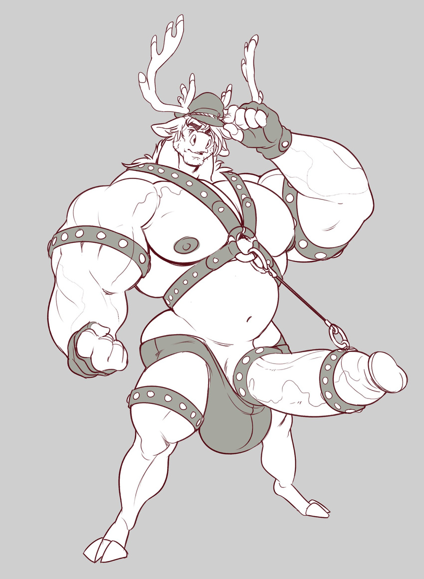 anthro antlers big_penis boosterpang cervine circumcised clothing cock_ring erection fingerless_gloves gloves hat horn huge_penis humanoid_penis looking_at_viewer male mammal monochrome musclegut muscular muscular_male penis reindeer solo standing