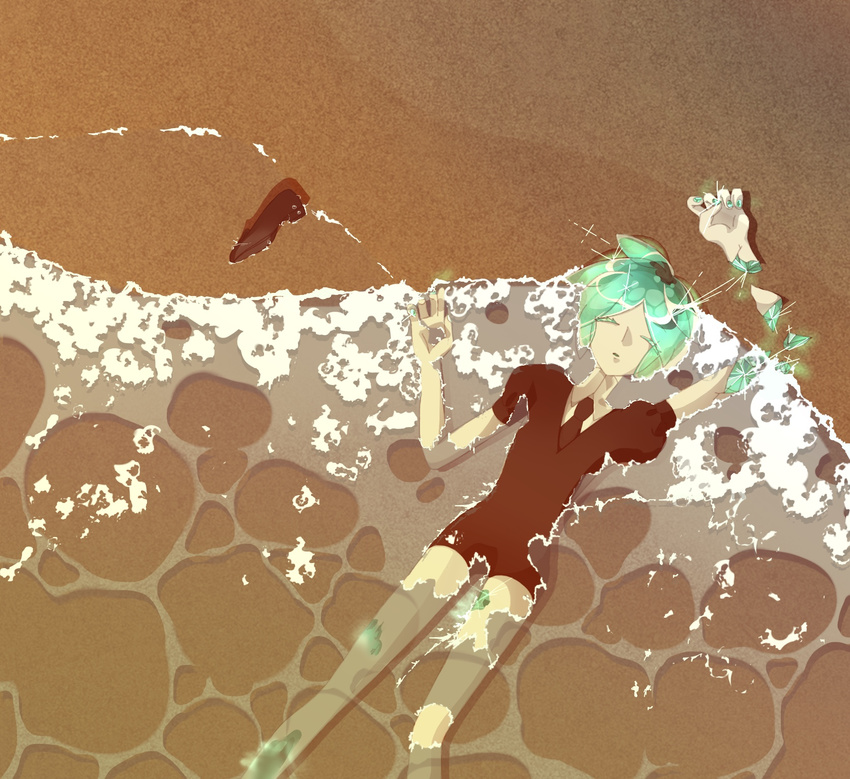 aaaa_(pinkume39goya) amputee androgynous beach broken closed_eyes day feet_out_of_frame gem_uniform_(houseki_no_kuni) green_hair highres houseki_no_kuni lying necktie on_back phosphophyllite sand severed_hand shards shoes_removed shore short_hair shorts solo sparkle water wet