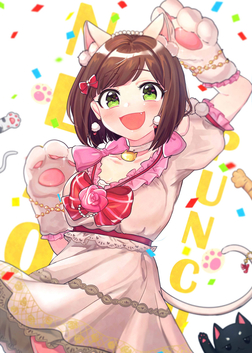 :d animal_ears arm_up bad_id bad_pixiv_id bangs beige_shirt beige_skirt blunt_bangs blurry blush bob_cut bow bra bra_slip bracelet breasts cat cat_ears cat_tail chain choker cleavage collarbone confetti depth_of_field earrings eyebrows_visible_through_hair eyelashes fake_animal_ears fake_tail fang floral_print flower frilled_shirt frills gloves gold_chain green_eyes hair_bow hair_intakes hairband heart heart_earrings highres idolmaster idolmaster_cinderella_girls idolmaster_cinderella_girls_starlight_stage jewelry lace lace-trimmed_shirt lace-trimmed_skirt leggings lips looking_at_viewer maekawa_miku medium_breasts open_mouth paw_gloves paw_pose paws pearl pink_bow pink_flower pink_legwear pink_rose pom_pom_(clothes) pom_pom_earrings puffy_short_sleeves puffy_sleeves red_bow rose rose_print shirt short_hair short_sleeves skirt skirt_set smile solo swept_bangs tail tail_bracelet tomato_omurice_melon underwear upper_body v-neck white_background white_choker