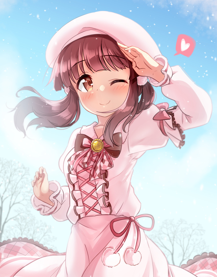argyle badge bangs bare_tree beret blunt_bangs blush bow brown_bow c: closed_mouth collarbone cross-laced_clothes day eyebrows_visible_through_hair frilled_shirt frilled_skirt frilled_sleeves frills fur_collar hair_ornament hand_on_own_head hat heart highres idolmaster idolmaster_cinderella_girls idolmaster_cinderella_girls_starlight_stage kibihimi layered_clothing light_rays long_skirt long_sleeves looking_at_viewer medium_hair ogata_chieri one_eye_closed outdoors pink_bow pink_skirt pom_pom_(clothes) puffy_short_sleeves puffy_sleeves red_hair shirt short_sleeves skirt skirt_set smile snow snowing solo speech_bubble spoken_heart sunbeam sunlight tareme tree twintails upper_body white_hat winter_clothes yellow_eyes