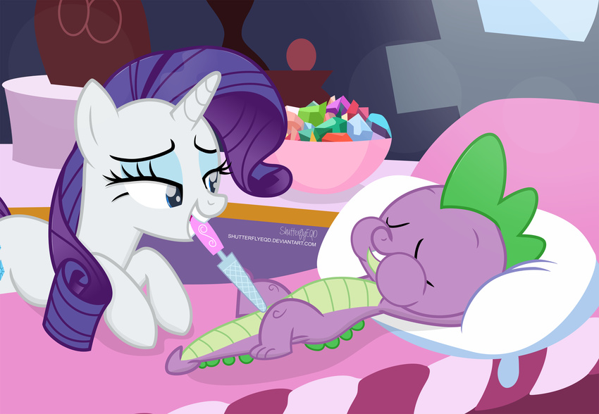 2018 absurd_res bed bowl counter cub cute cutie_mark dragon duo eating equine eyebrows eyelashes eyes_closed eyeshadow food friendship_is_magic gem hair half-closed_eyes hi_res holding_object horn inside lying makeup mammal mascara my_little_pony nail_file nude on_back open_mouth pillow puffed_cheeks purple_eyes purple_hair rarity_(mlp) shadow shutterflyeqd signature spike_(mlp) teeth text unicorn young