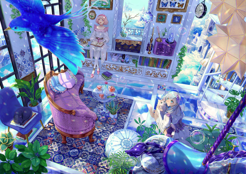 :d ahoge bird blue blue_eyes blue_sky bluebird book bookshelf bug butterfly candle candlestand carousel cat chair clock cloud couch crystal floating_castle glass_floor glass_table hairband highres holding holding_cat indoors insect multiple_girls open_book open_mouth original painting_(object) para_sitism pillow pink_footwear pink_hair plant potted_plant rug short_hair sitting sky smile table watering_can white_cat white_hair white_legwear