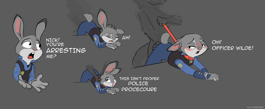 2018 anthro bent_over blush canine clothed clothed_sex clothing collar dialogue disney faceless_male female fox foxipso grey_background handcuffs judy_hopps lagomorph leash leash_pull male male/female mammal nick_wilde penetration police_uniform rabbit rough_sex sex shackles simple_background uniform unprofessional_behavior zootopia