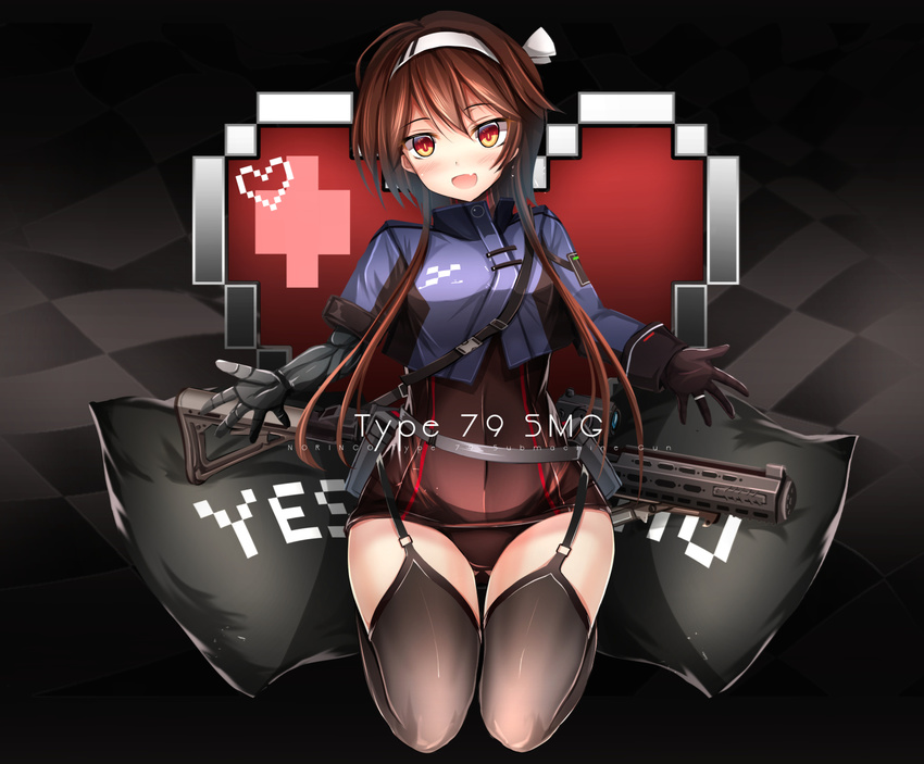 :d bangs beckoning black_legwear blush brown_hair character_name commentary_request eyebrows_visible_through_hair fang full_body gaiters girls_frontline gloves gun haguruma_(hagurumali) hair_between_eyes hair_ribbon hairband head_tilt heart highres jewelry long_hair looking_at_viewer no open_mouth outstretched_arms prosthesis prosthetic_arm red_eyes revision ribbon ring seiza sidelocks single_glove sitting smile solo spread_arms strap tail thighhigh_gaiters thighhighs type_79_(girls_frontline) type_79_smg weapon weapon_on_back wedding_band white_ribbon yes yes-no_pillow