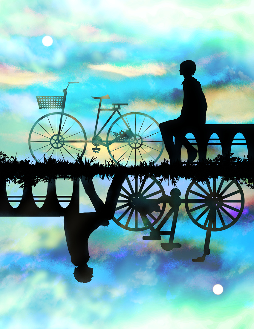 ambiguous_gender bad_id bad_pixiv_id bench bicycle bicycle_basket cloud commentary_request different_reflection from_side full_moon grass ground_vehicle harada_miyuki highres moon original reflection silhouette sitting solo symmetry