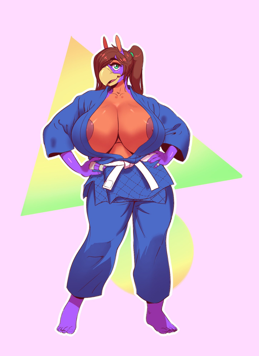 anthro avian big_breasts bird boosterpang breasts clothed clothing female hands_on_hips huge_breasts japanese_clothing looking_at_viewer nipples smile solo standing