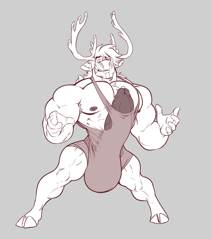 anthro antlers boosterpang cervine circumcised clothed clothing erection erection_under_clothes horn huge_bulge humanoid_penis hyper hyper_penis male mammal muscular muscular_male nipples penis precum reindeer solo standing wrestling_outfit