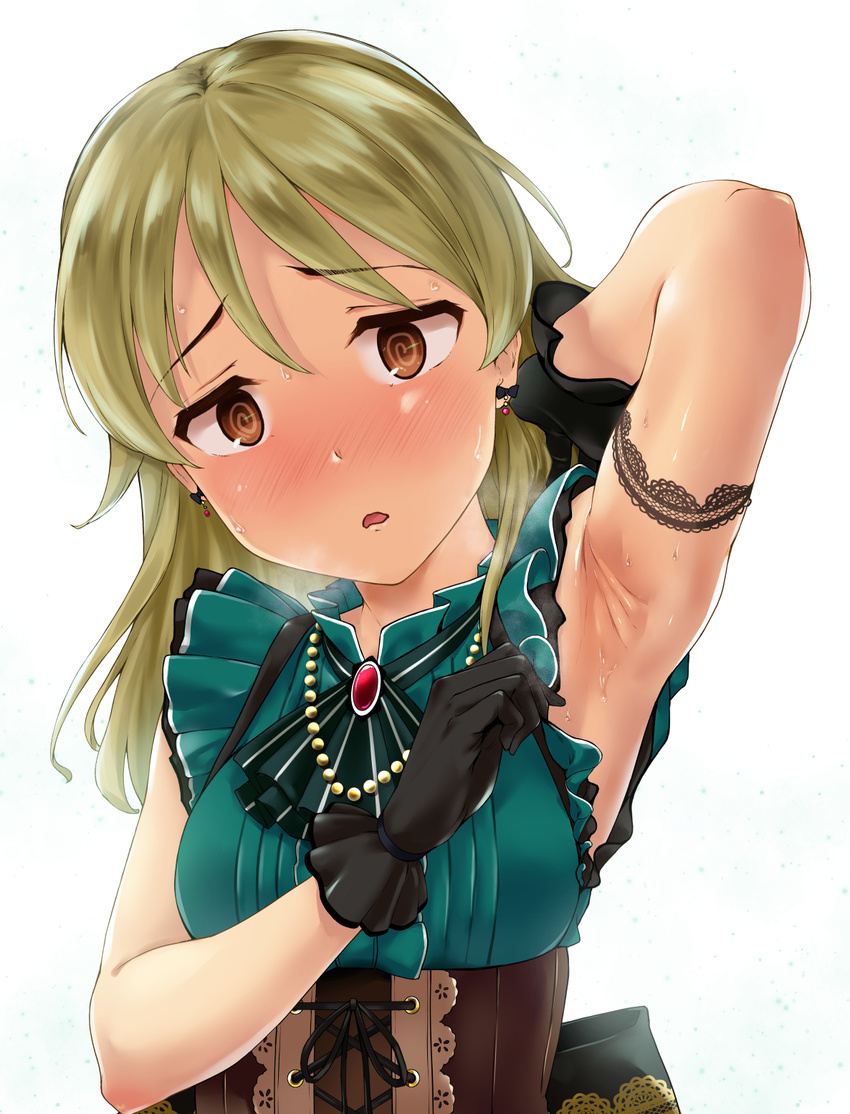 @_@ alternate_hairstyle armpits bare_arms black_gloves blonde_hair blush brooch brown_eyes commentary_request corset dress earrings eyebrows_visible_through_hair gloves green_dress hair_down highres idol idolmaster idolmaster_cinderella_girls idolmaster_cinderella_girls_starlight_stage jewelry looking_at_viewer morikubo_nono necklace nishi_(count2.4) pearl_necklace shaved_armpits simple_background solo sweat upper_body white_background