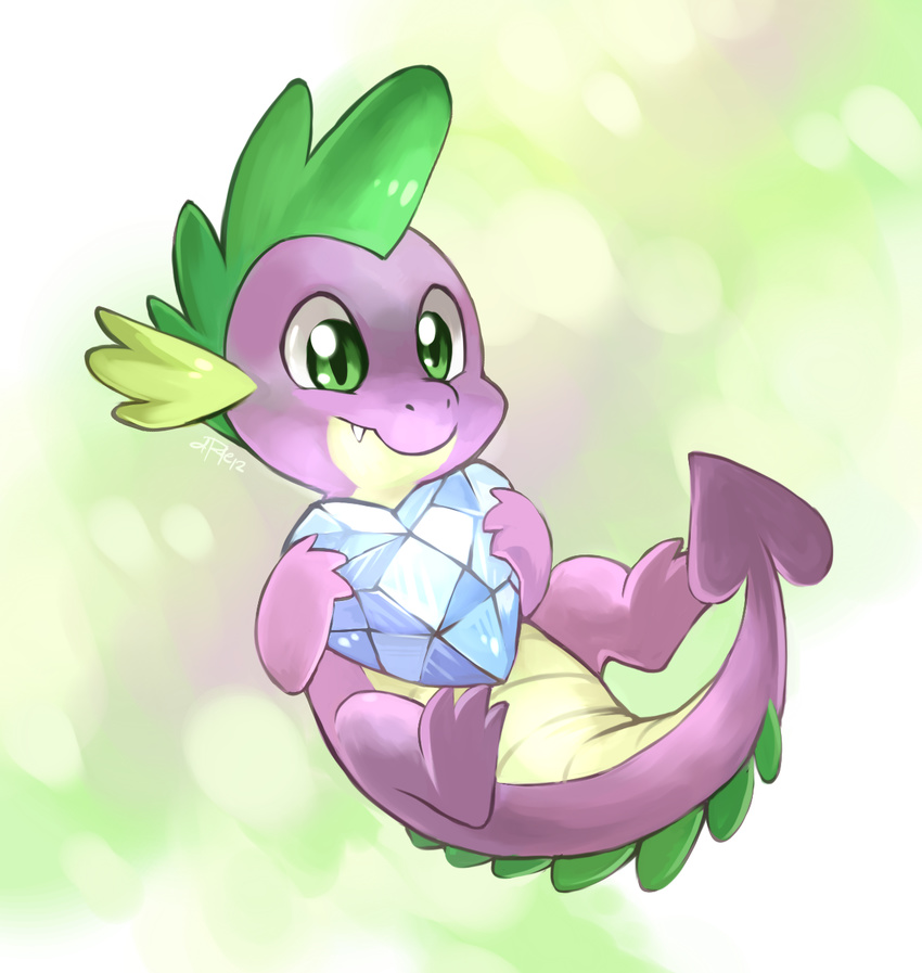 &lt;3 2012 crystals cub cute cute_fangs dragon fangs friendship_is_magic full-length_portrait green_background green_eyes holding_object male my_little_pony portrait signature simple_background slit_pupils smile solo spike_(mlp) yassui young