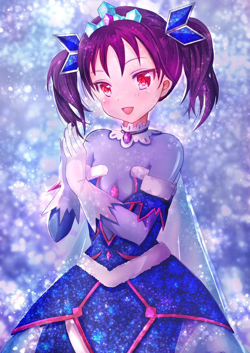 :d awaken_the_power bangs brooch commentary_request detached_sleeves dress fur-trimmed_sleeves fur_trim gloves hands_together highres jewelry kazuno_leah looking_at_viewer love_live! love_live!_sunshine!! nattoucha_(de-ve-ev-rsailles) open_mouth purple_hair red_eyes smile snowing solo tiara twintails white_gloves