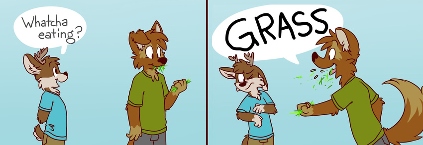 canine cervine clothed clothing comic deer dialogue dog eating english_text fully_clothed grass mammal pants shirt text thesepantsdontfit tinydeerguy