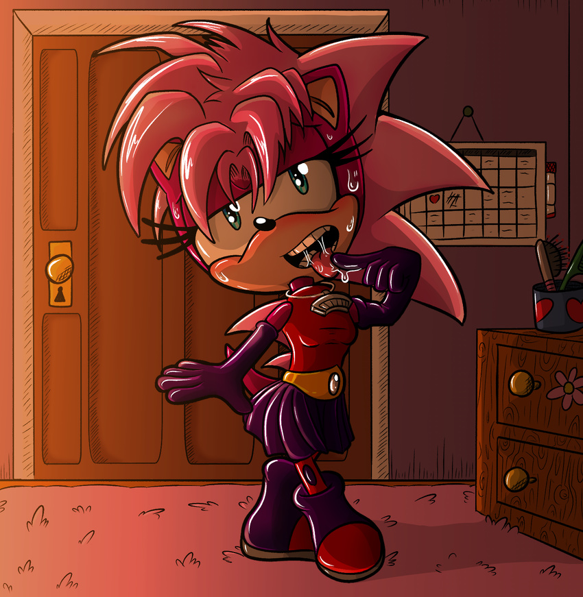 2018 5_fingers anthro armwear bedroom bedroom_eyes belt blue_fur boots breasts clothing digital_media_(artwork) drooling elbow_gloves female footwear fur gloves hair half-closed_eyes hedgehog hi_res innuendo jumpjump looking_at_viewer mammal mohawk pose purple_fur purple_hair saliva seductive smile solo sonia_the_hedgehog sonic_(series) sonic_underground standing sweat teeth tongue tongue_out